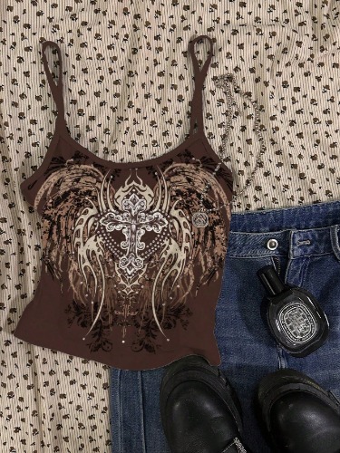 Attitoon Women's Casual Sexy Cami Top With Wing Graphic, Slim Fit Y2K Style Tank Top For Summer