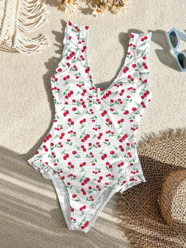 SHEIN Swim Mod V-Neck Fruit Printed Swimwear With Ruffles For Summer Beach