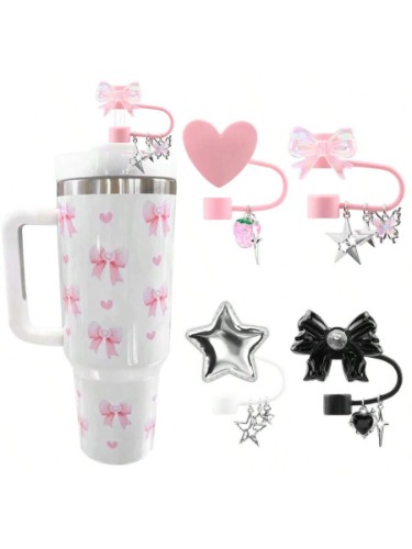 4pcs Cute Dust Cover Strawberry Star Pendant Straw Lid/Top Cover, Compatible With Stanley Cup Lid 40oz, 30oz, Bucket Lid Straw Lid, Couple Love Dust Stopper Pentagram, Suitable As A Small Gift For Friends And Family