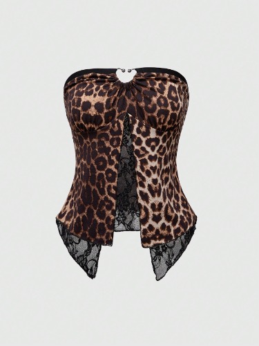 ROMWE Grunge Punk Y2K Gyaru Leopard Print Contrast Lace Hem Women's Cropped Tube Top