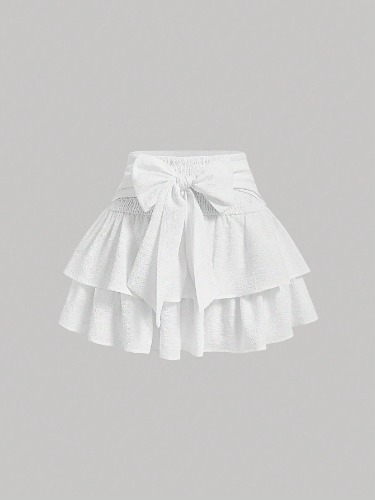 SHEIN MOD Plus Size White Ribbon Bow Multi-Layered Cake Skirt With Hem, Summer Skirt