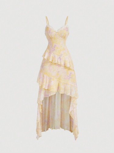 SHEIN MOD Women's Romantic Vintage Lace Maxi Dress With Ruffle Hemline, Bodycon Maxi Dress,Dress Party,Yellow Floral Dress,Summer Maxi Dress