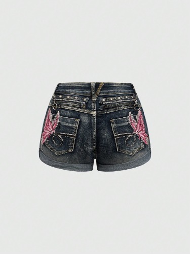 ROMWE Fairycore Y2K Baddie Butterfly Embroidery Distressed Washed Low Waist Denim Shorts