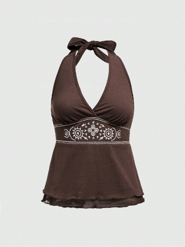 ROMWE Hippie Hippie  Totem Embroidered Double-Layered Hem Halter Neck Women Tank Top