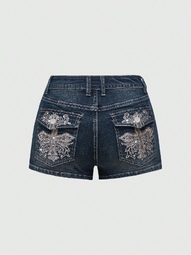 ROMWE Grunge Punk Y2K Gyaru Embroidered Cross & Rhinestone Pocket Women's Ultra Low Rise Mini Denim Shorts, School