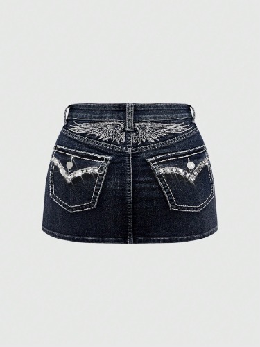 ROMWE J-Fashion Y2K Style Plus Size Women's Low Waist Denim Mini Skirt With Wings Embroidery And Rhinestone Decoration