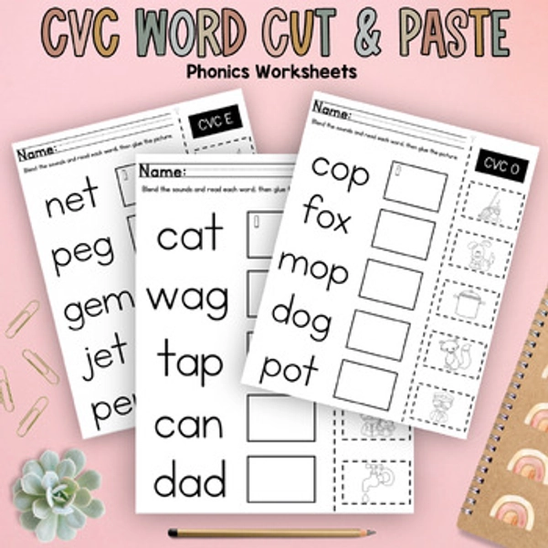 Kindergarten Phonics CVC Word Cut and Paste