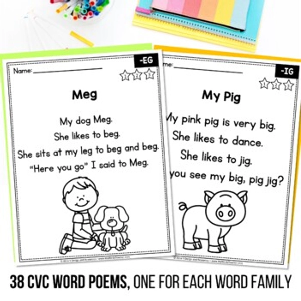 CVC Word Family Poems Worksheets Short Vowel CVC Word Read Fluency Passages