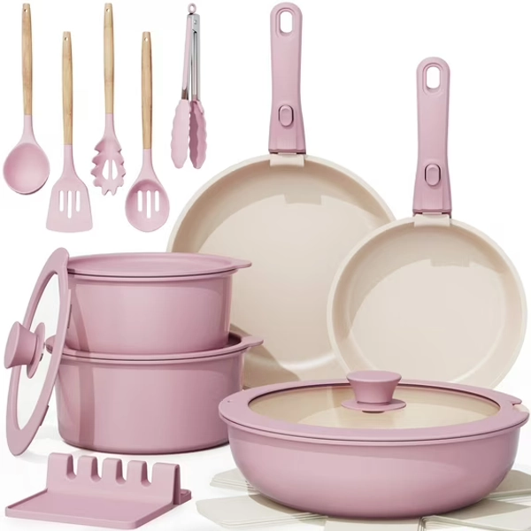 Astercook 20-Piece Ceramic Pots and Pans Set, Nonstick Cookware Set with Detachable Handles, Oven Safe to 480°F, Induction Compatible, Stackable RV Kitchen Cooking Set, Pink
