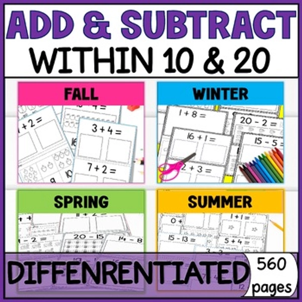 Picture Addition Subtraction Within 20 Differentiated Worksheets SPED Math