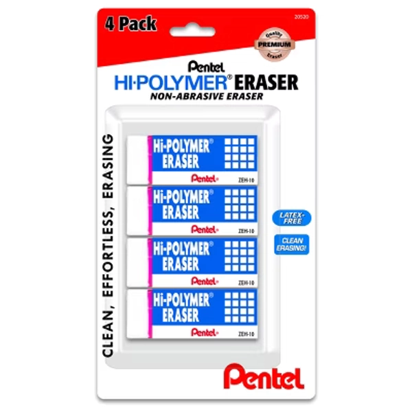 Pentel Hi-Polymer Erasers - 4ct: White PVC, Writing Utensil, Right/Left-Handed, Stationery & Office Supplies
