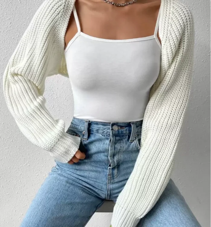 SHEIN EZwear Balletcore Ribbed Knit Raglan Sleeve Shrug Crop Cardigan Without Cami Top