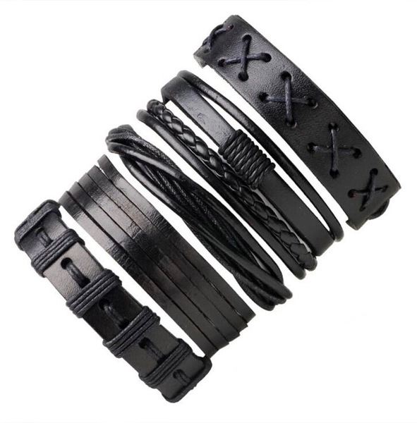 Gothic Leather Braided Rope Bundle Bracelets