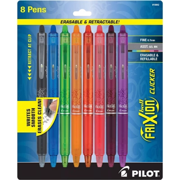 8ct FriXion Clicker Erasable Gel Pens Fine Point 0.7mm Assorted Inks: Multicolored, Art & Stationery, 8-Pack
