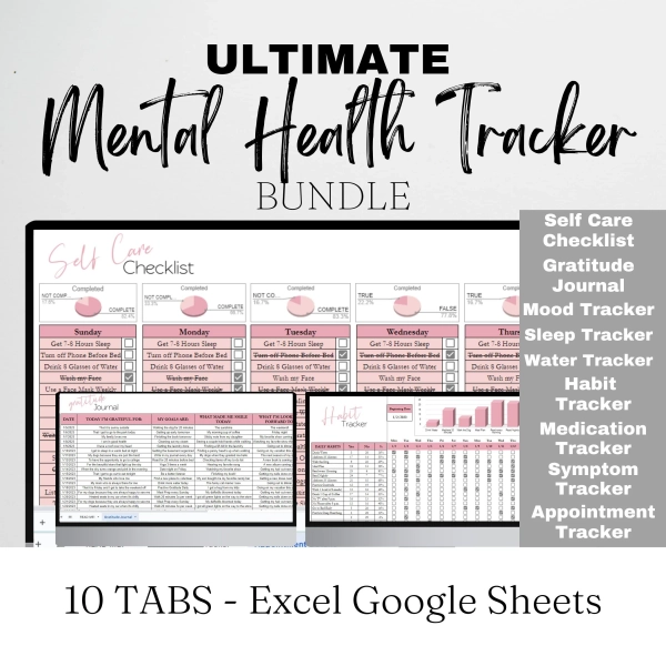 Mental Health Tracker Template Excel Spreadsheet, Daily Self Care Journal Mood Checklist, Wellness Log Symptom Gratitude Habit Google Sheets