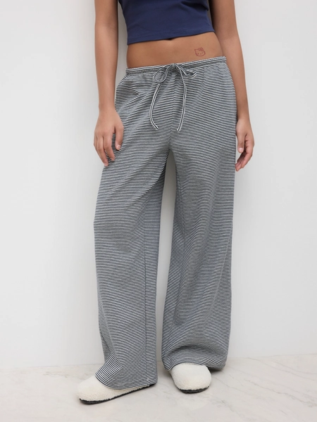Cotton-blend Low Rise Striped Drawstring Wide Leg Trousers