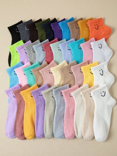 5pairs/10pairs/20pairs Women/Men Cartoon Smiling Face Comfortable Breathable Sweat-Absorbent Odor Resistant Simple Ankle Socks, Collegiate Style, Suitable For All Seasons