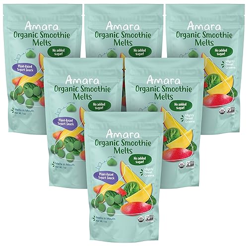 Amara Smoothie Melts - Mighty Sweet Greens - Baby Snacks Made With Fruits and Vegetables - Healthy Toddler Snacks For Your Kids Lunch Box - Organic Plant Based Yogurt Melts - 6 Resealable Bags - Mighty Sweet Greens