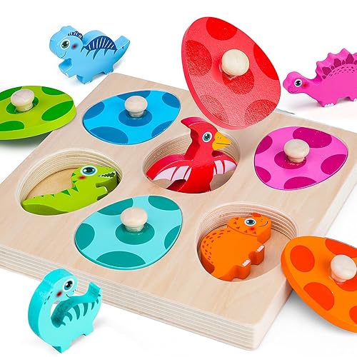 AuntyFey Dinosaur Wooden Toddler Puzzle 1-3, Montessori Toys for 1 2 3 Year Old, Dinosaur Eggs Peg Puzzles, Kid Wooden Puzzles Ages 2-4, Dinosaur Toy for Toddler Kid, Preschool Education Learning Toys - Dinosaur Egg
