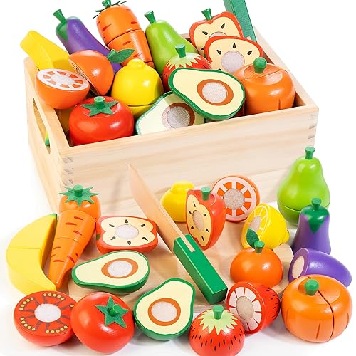 Wooden Play Food for Toddlers, Velcro Fruit and Veggies Cutting Set for Kids, Pretend Food Play Kitchen Accessories for 3 4 5 6 7 Years Old Boys & Girls - Fruits & Veggies