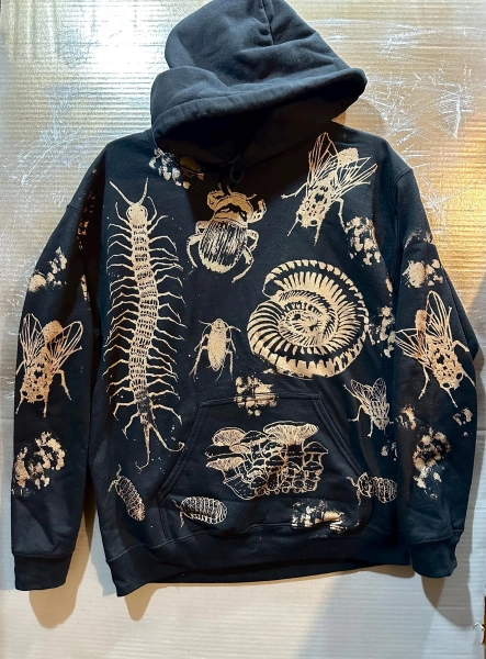 insect bug & mushroom hooded sweatshirt - black gildan unisex - detritus logo - all over print - hand printed -  made to order