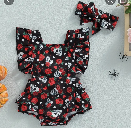 Rose skull print baby girl romper 