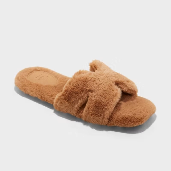Women's Sage Slide Slippers - A New Day™ Tan 9: Open Toe House Shoes, Indoor/Outdoor Cushioned Footwear, Medium Width
