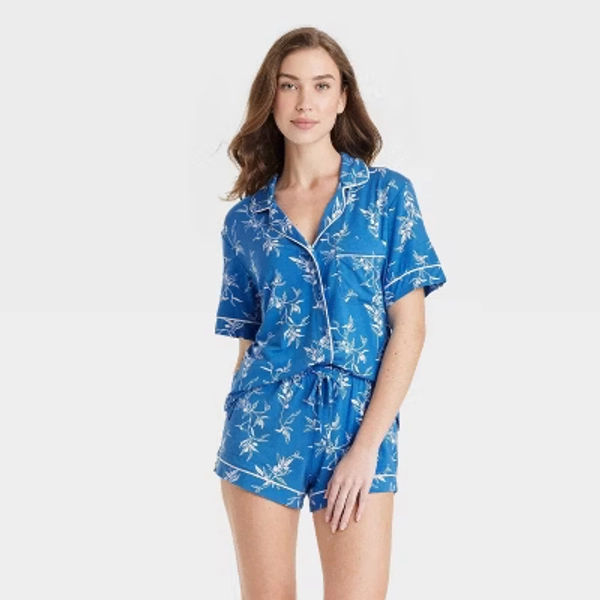 Women's Cloud Knit Short Sleeve Top and Shorts Pajama Set - Auden™ Blue/Branches XL