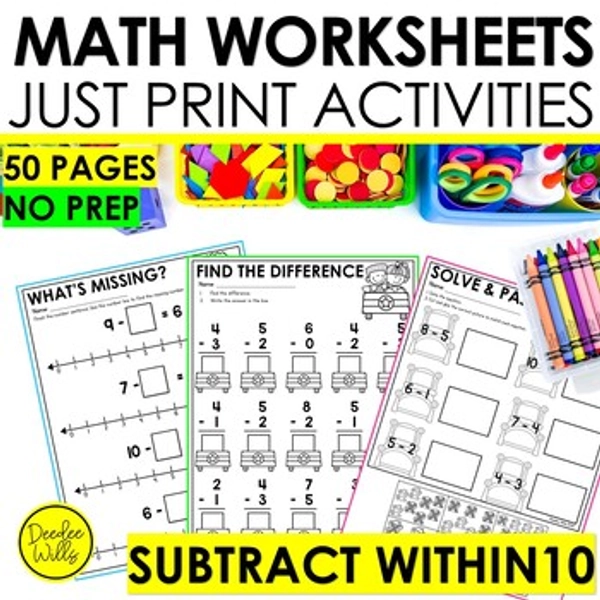 Subtraction within 10 Math Worksheets Kindergarten No Prep Activities Practice