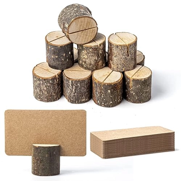 Jofefe 12Pcs Mini Wood Place Card Holders and 24Pcs Kraft Place Cards, Rustic Table Number Holders, Food Labels for Party Buffet, Food Signs for Harvest Fall Thanksgiving Wedding Birthday Party.