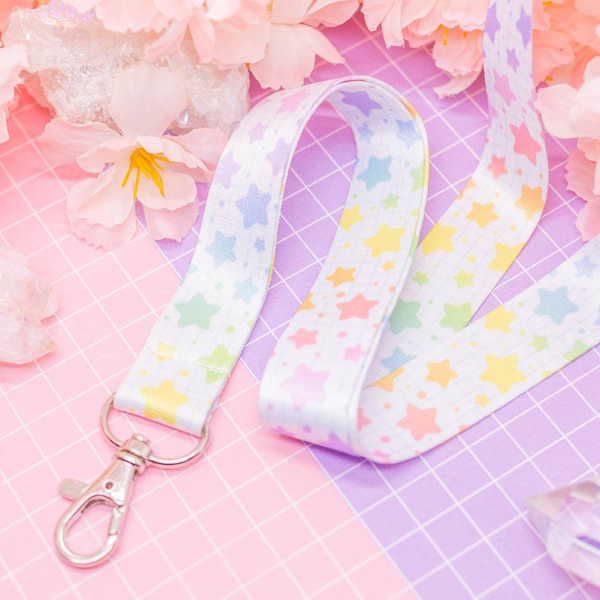 Rainbow Stars lanyard - kawaii rainbow lanyard, cute card holder, event pass lanyard, lanyard with lobster clasp, kawaii badge holder, star