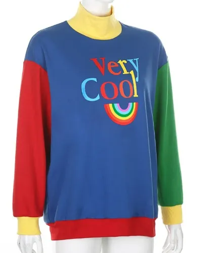 Cute Rainbow Cool Letter Embroidery Aesthetic Sweatshirt Long Sleeve Shirt Turtleneck Top Casual E-Girl Kawaii Korean Japanese Harajuku Streetwear