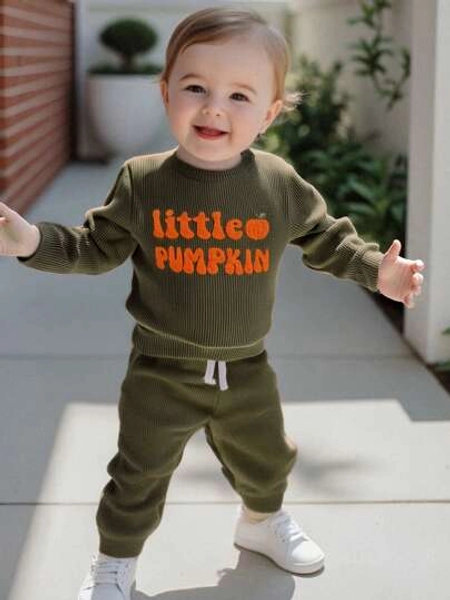 Baby Boy Halloween Outfit Letter Embroidery Little Pumpkin Long Sleeve Waffle Knit Sweatshirt Pullover Tops  And Elastic Casual Pants Outfit Set Toddler Boy Winter Clothes