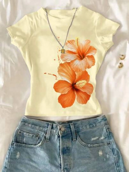 Tween Girls Floral Print Cropped Fitted Crew Neck T-Shirt, Casual Comfortable For Summer