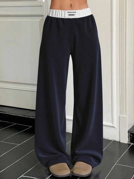 SHEIN Teen Girls' Back To School Colourblock Waistband Wide Leg Loose Casual Simple Comfy Midrise Sports Pants, Suitable For Streetwear, Campus, Sports, Home Wear