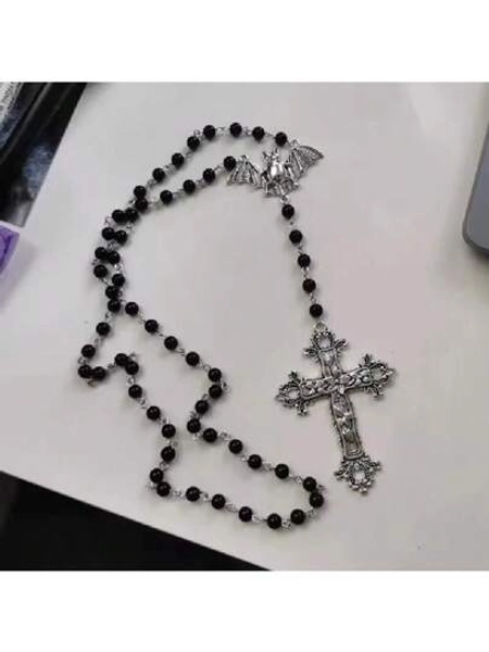 Nuevo collar gótico de cuentas de rezo, con colgante de cruz tradicional de Halloween, amuleto de "el Brujo", joyería hecha a mano gótica y creativa