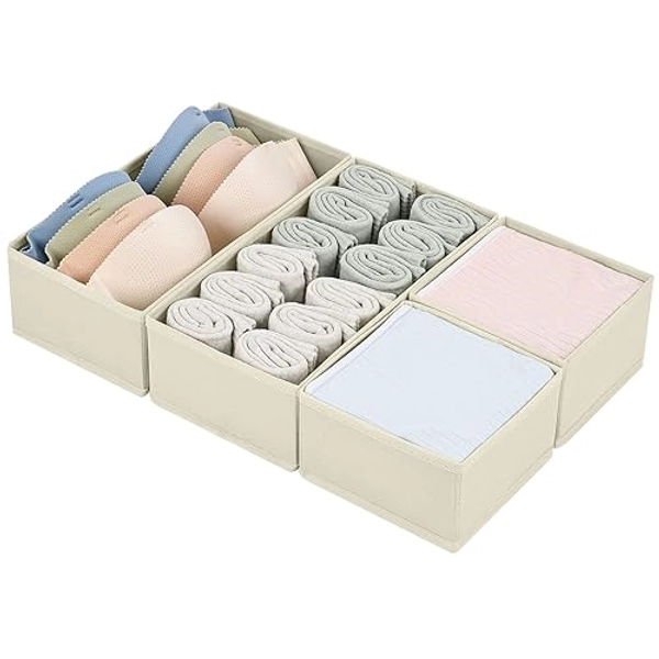 DIMJ Drawer Organizers Clothes, Set of 4 Dresser Organizer Bins, Fabric Closet Organizers and Storage, Shallow Drawer Dividers for Nursery, Clothing, Baby Clothes, Socks, Underwears, Tie (Beige) - Beige - 4 Pack