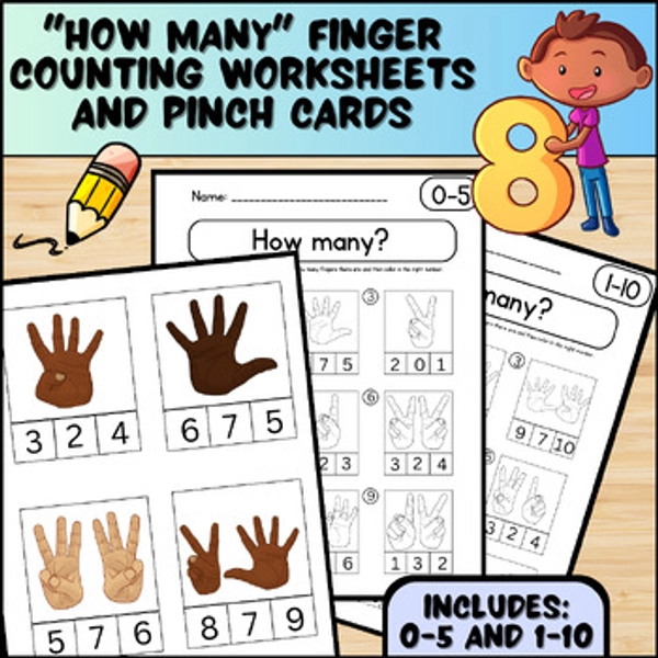Counting Fingers Worksheets And Pinch Cards, Math Practice 0-10, How Many