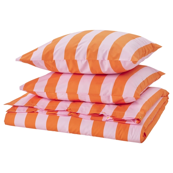 SLÅNHÖSTMAL Housse de couette et 2 taies - orange/rose/rayé 240x220/65x65 cm