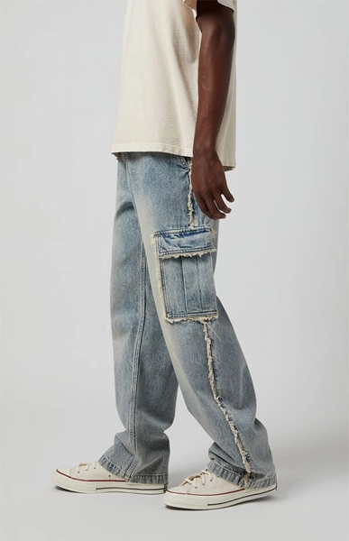 Light Indigo Frayed Baggy Cargo Jeans