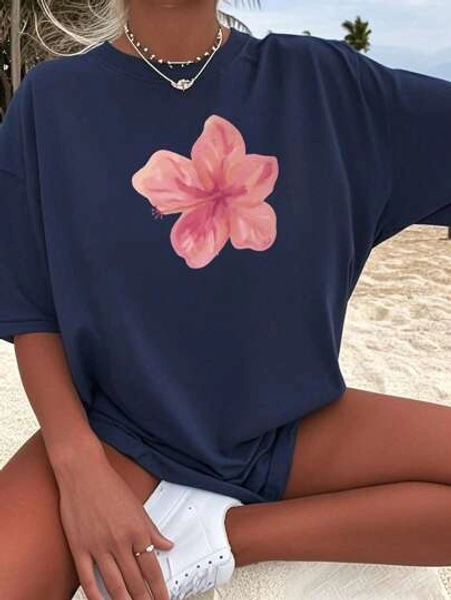 Girls & Teens Students' Casual Navy Printed Round Neck Short Sleeve T-Shirt Top, Summer