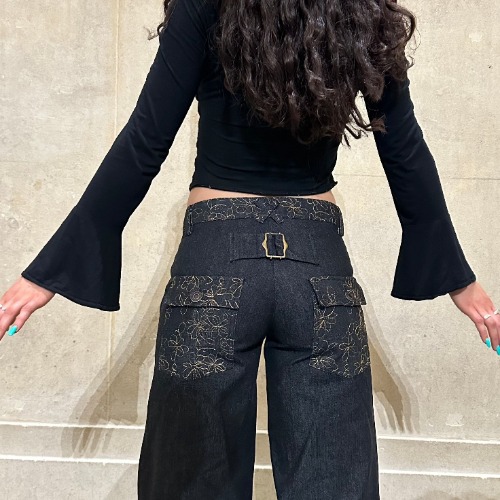 the slouch in embroidered charcoal denim 