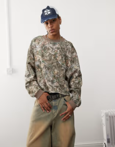 COLLUSION boxy sweat in khaki camo multi print 