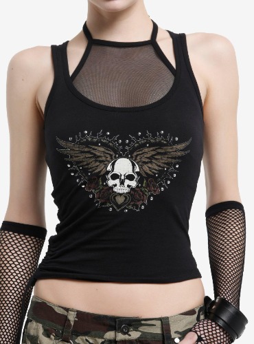 Winged Skull Studded Mesh Girls Twofer Tank Top