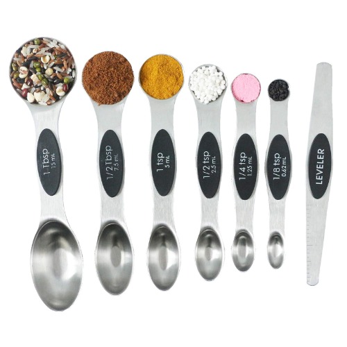 Hushnow Magnetic Measuring Spoons Set, 6 Measuring Spoons and Cups 1 Leveler Stainless Steel Dual Sided Stackable Teaspoon for Dry and Liquid - Black