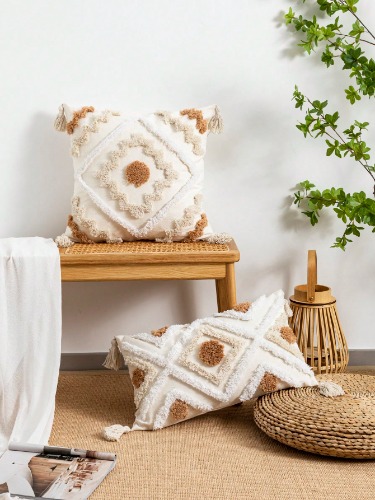 1pc Diamond-Shape Pattern Throw Pillow Case, Canvas Material, European And American Style, With Tassel Detail And Corner Embroidery Craft, For Living Room & Bedroom Sofa Backrest, Four Seasons