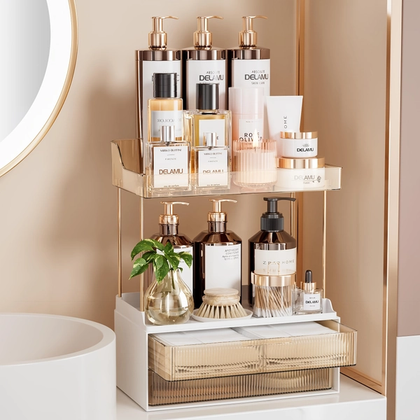 Delamu 2-Tier Multi-Purpose Bathroom Vanity Organizer - 2 Drawers, Large Countertop Storage for Makeup & Skincare