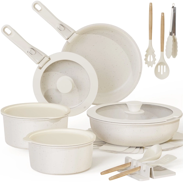 Astercook 20 Piece Ceramic Pots and Pans Set Non Stick,  Cookware Set with Detachable Handle, Oven Safe, Induction Ready, Stackable RV Kitchen Cooking Set Removable Handles, Cream White