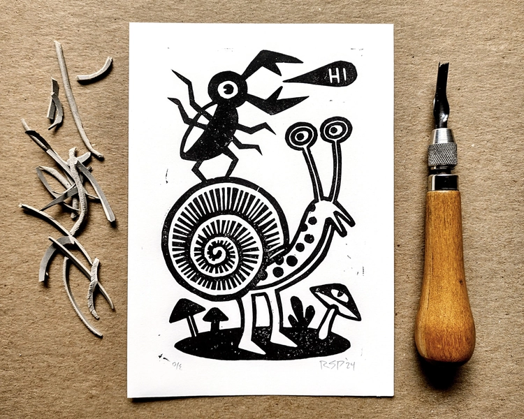 Linocut print / Snail and Beetle Friends // original handmade block print / weird bug wall art