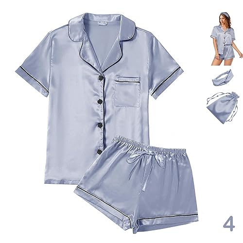 Womens Satin Silky Pajama Sets Short Sleeve Shirt 
